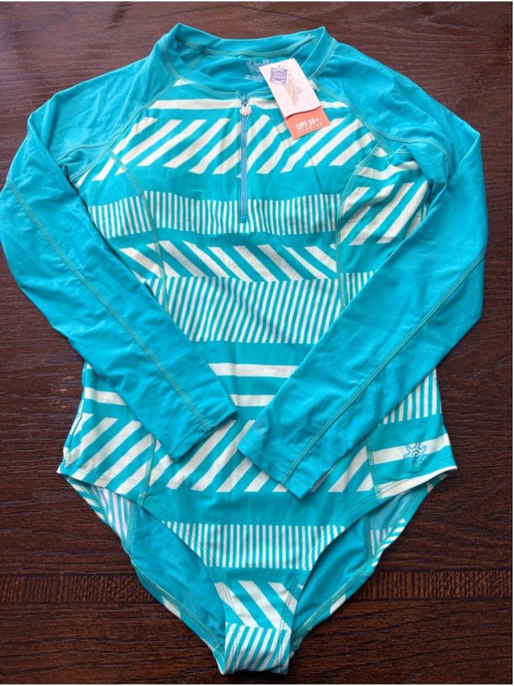 Women’s Long-Sleeve One-Piece Rash Guard Swimsuit in Teal and White